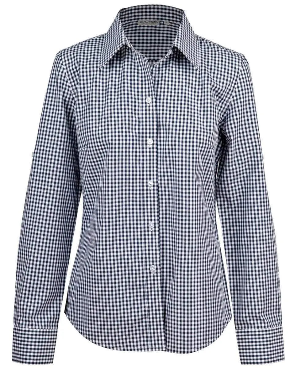 Winning Spirit Corporate Wear Navy/White / 6 Winning Spirit Ladies’ Gingham Check Long Sleeve Shirt M8300